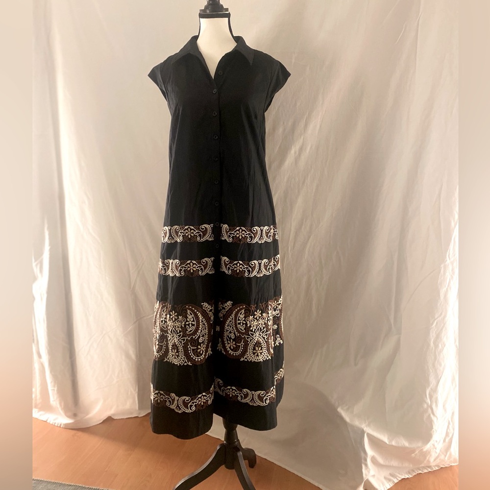 Anthropologie, black and brown embroidered long midi dress, Size S